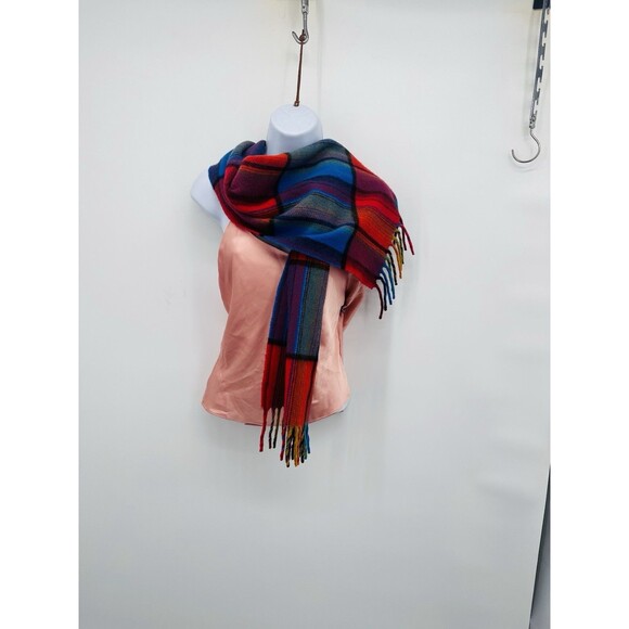 Vintage 50s 60s Sally Gee Wool Winter Scarf Plaid Rectangle Fringe - Picture 1 of 7